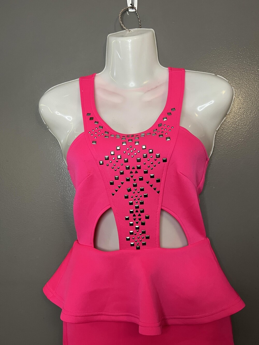 Charlotte Russe Dress Womens XS Pink Cutout Peplum Studded Bodycon Mini Tank